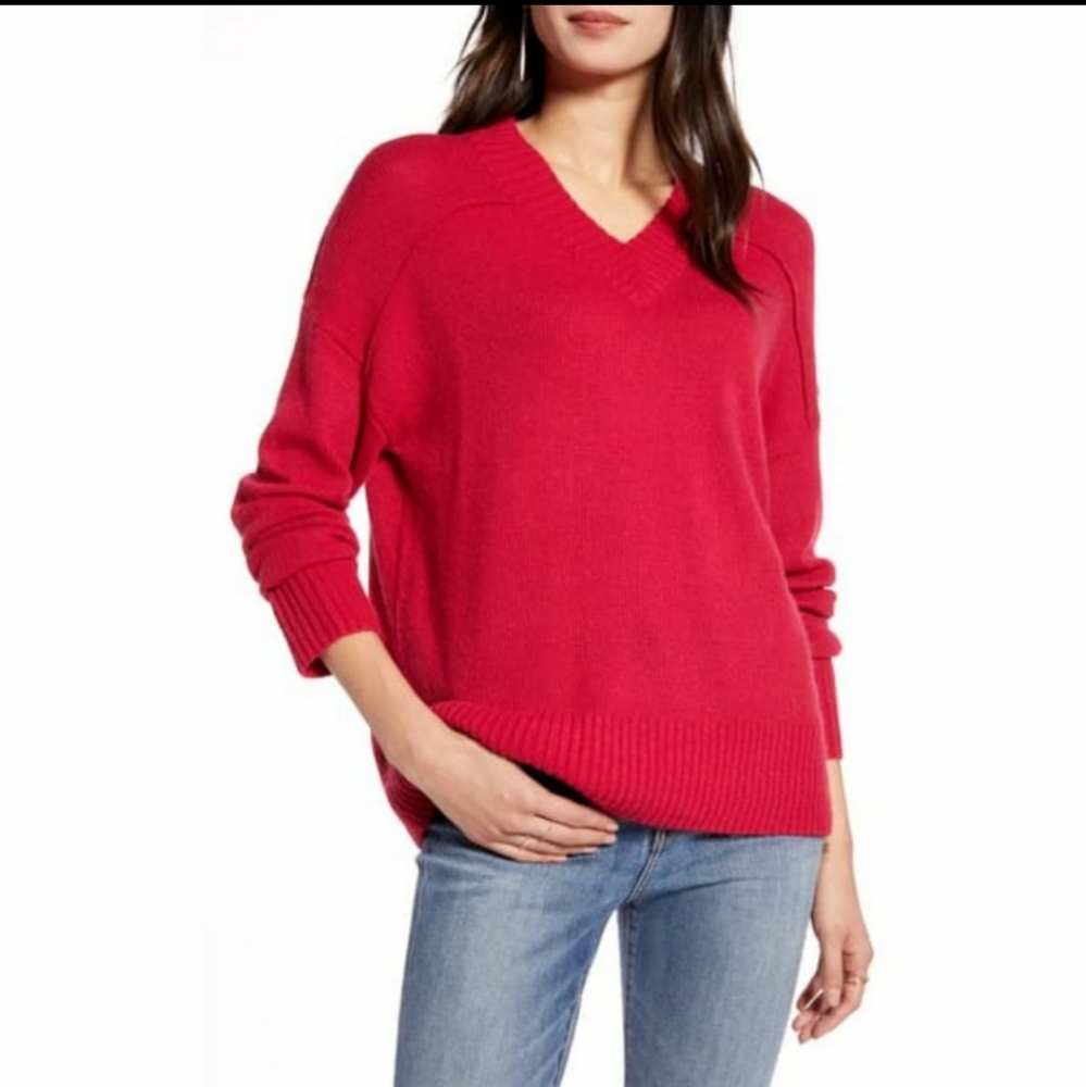 Treasure & Bond Women's V-neck Sweater Small Bright Red Long Sleeves Shirt